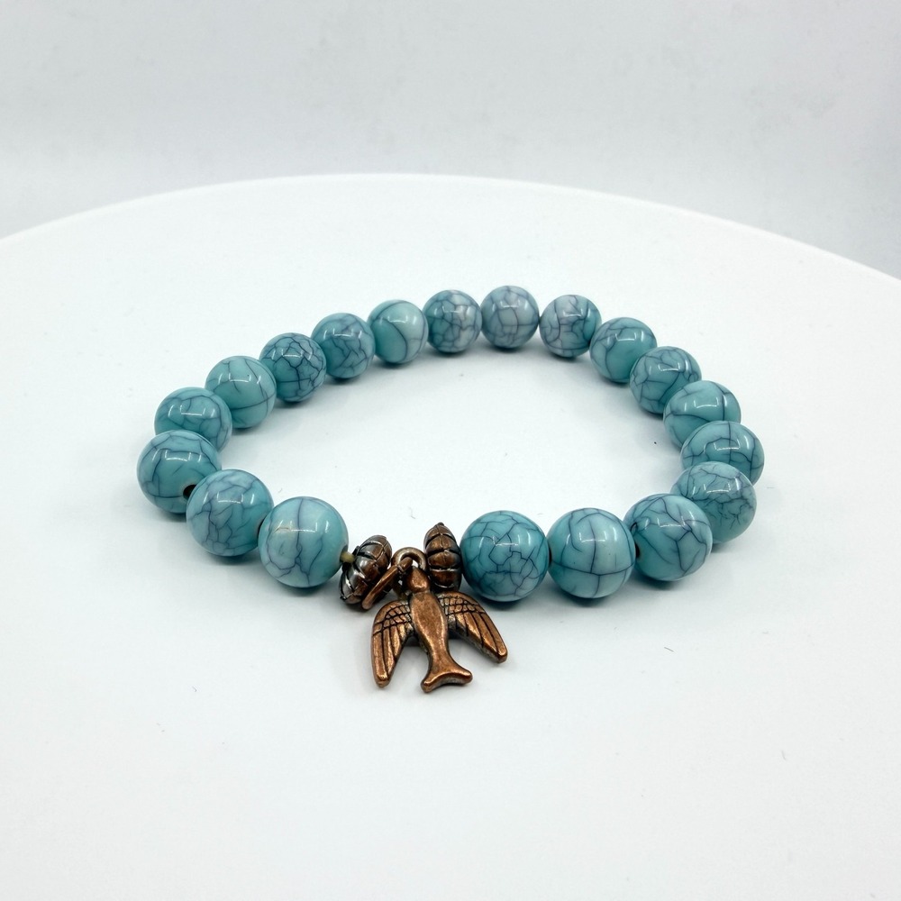 VTG Y2K Faux Turquoise Beaded Stretch Bracelet Copper Tone Bird Charm Boho Retro